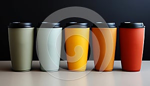 Set of multi-colored takeaway coffee glasses. Convenient bright paper cups of coffee to go