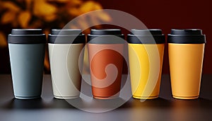 Set of multi-colored takeaway coffee glasses. Convenient bright paper cups of coffee to go