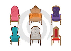 Set of multi-colored thrones chairs. A collection of 6 soft comfortable chairs in a vintage antique style. Design elements, access