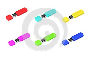 Set of multi colored usb flash drive on white background.