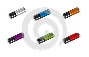Set of multi colored usb flash drive on white background.