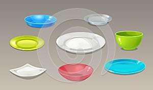 A set of multi-colored and variously shaped plates, in vector
