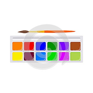 Set of multi-colored watercolor paints with brush, isolated on white background