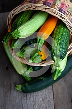 A set of multi-colored zucchini yellow, green, white, orange on the table close-up. Food background. Fresh harvested