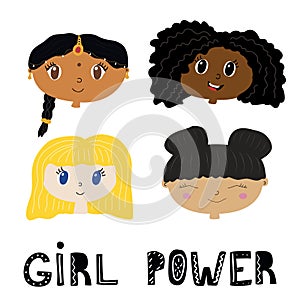 set of multi ethnic girls heads. With girl power phrase. Vector
