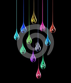 Set of multi vitamin complex in the shape of colored stretched drops on a black background