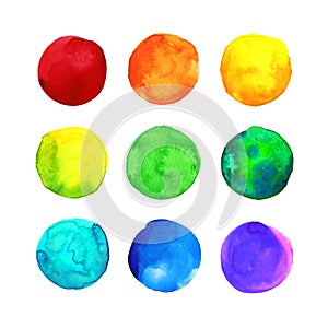 Set of multicolor colorful rainbow hand drawn watercolor spots, circles isolated on white.