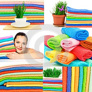 Set of multicolor towels, fresh green grass, white cup of tea an