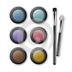 Set of MultiColored Blue Pink Brown Violet Yellow Turquoise Eye Shadows in Case with Makeup Brushes Applicators Isolated