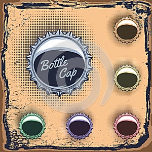 Set of multicolored bottle caps on grungy background