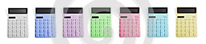 Set with multicolored calculators on white background, top view. Banner design