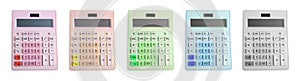 Set with multicolored calculators on white background, top view. Banner design