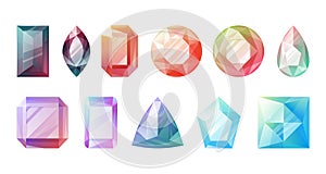 Set of multicolored diverse realistic faceted shining gems. Collection of vector isolated expensive precious jewelry.