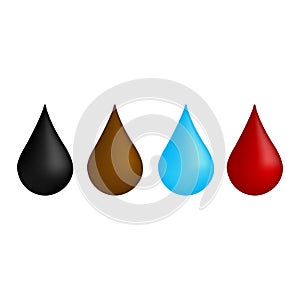 Set of multicolored drops on white background, drop of oil, water,and blood. Vector illustration for website