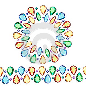 Set of multicolored gemstones. Wreath of multicolored diamonds.