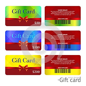 Set of multicolored gift card templates. Vector design polygonal plastic cards with bar code. Vector