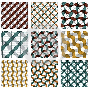 Set of multicolored grate seamless patterns with parallel ribbon