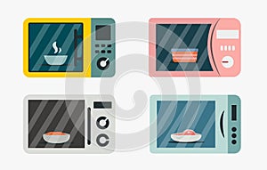 Set of multicolored microwaves in a cartoon style. Vector illustration of food warmer at home: meat, fish, soup