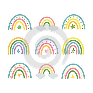 Set of multicolored minimalistic scandinavian rainbows in doodle style