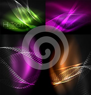 Set of multicolored neon smoke particles waves, vector abstract backgrounds, digital flow wave concept with particles in