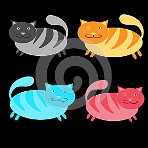 Set of multicolored, pink, blue, red and gray, striped, thick, cats on a black background.