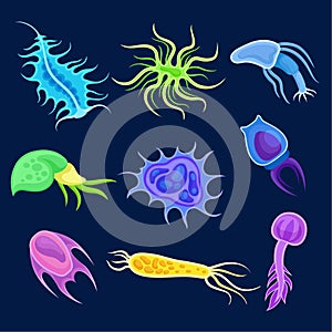 Set of multicolored plankton. Vector illustration on black background.