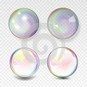 Set of multicolored realistic transparent soap bubbles
