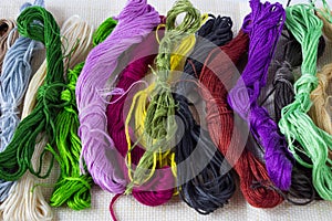 A set of multicolored threads for embroidery in a heap