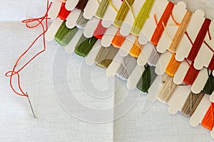 Set of multicolored threads for sewing and embroidering on a woo