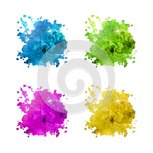 Set of multicolored watercolor stains, splashes, blue, green, pink and yellow. Decor elements, textures