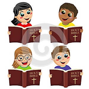 Set of multicultural happy kids reading holy bible book isolated on white