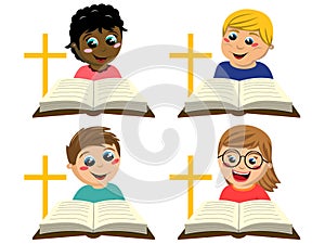 Set of multicultural happy kids reading religion book next to christian cross symbol  on white