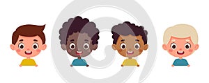 Set of multicultural kid boy heads. Children peeking out. Cartoon child characters. Vector illustration