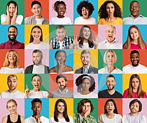 Set of multiethnic people faces showing various emotions to camera, posing on colorful backgrounds. Generation diversity