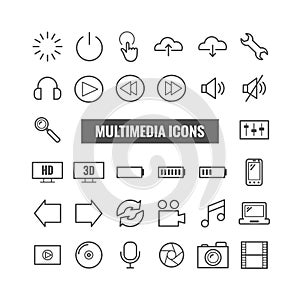 Set of multimedia outline icons. Thin icons for print, web, mobile apps