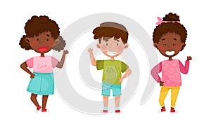 Set of multiracial children waving their hands in greeting. Boys and girls standing with hand raised cartoon vector