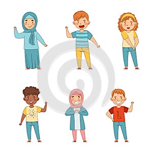 Set of multiracial happy children waving their hands in greeting cartoon vector illustration