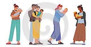 Set Multiracial Loving Parents Mother and Father with Baby. Caucasian and African Family Characters Hold Newborn Child