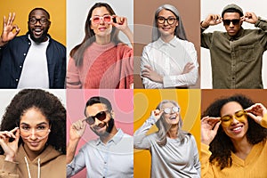 Set of multiracial people wearing different glasses and sunglasses isolated on color backgrounds