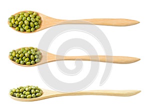 Set of Mung Beans in Wooden Spoons on White Background