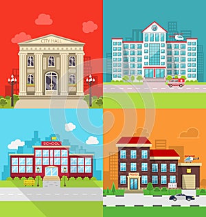 Set Municipal Buildings - City Hall, Hospital, School and Police Station.