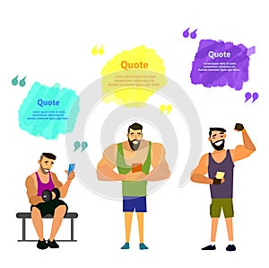 Set of muscular, bearded mans smartphone vector illustration.