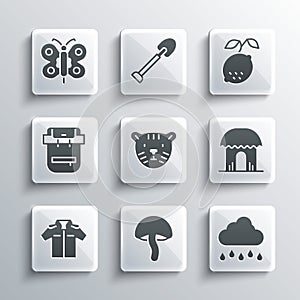 Set Mushroom, Cloud with rain, African hut, Tiger head, Shirt, Hiking backpack, Butterfly and Lemon icon. Vector