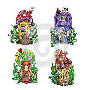 Set with mushroom houses, watercolor illustration of a cute houses.