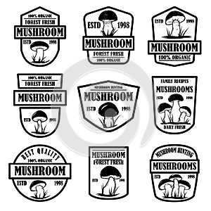 Set of mushroom hunting emblems. Design element for poster, logo, label, sign.
