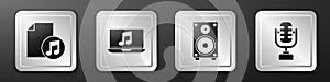 Set Music book with note, Laptop with music note, Stereo speaker and Microphone icon. Silver square button. Vector.