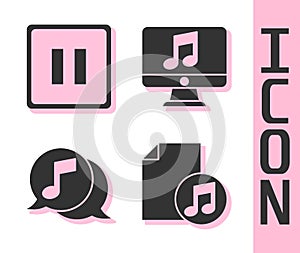 Set Music book with note, Pause button, Musical note in speech bubble and Computer with music note icon. Vector