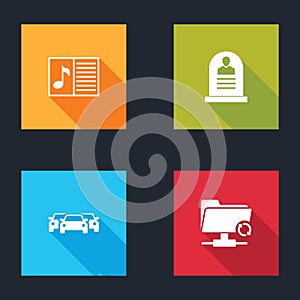 Set Music book with note, Tombstone RIP written, Cars and FTP sync refresh icon. Vector