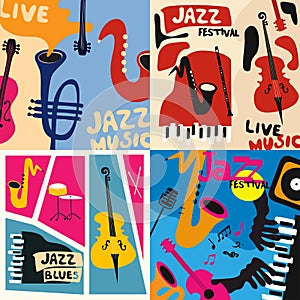 Set of music cards and banners. Music cards with instruments flat vector illustration. Jazz music festival banners. Colorful jaz