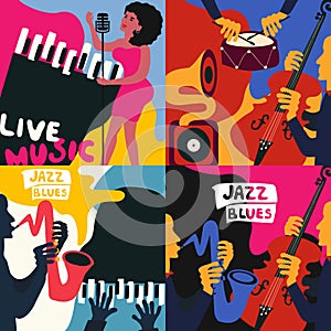 Set of music cards and banners. Music cards with instruments flat vector illustration. Jazz music festival banners. Colorful jaz